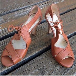 Brooks Brothers Brown Leather Peep Toe Heels Sz 6.5 Lace Up Strappy Womens Shoes